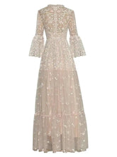 Stand Collar Flared Sleeves Dress 2025 New Sequins Nail Bead Mesh Embroidery Long Dresses Female voguable