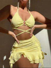 Voguable Sexy Yellow Bikini Women Solid Halter Ring Linked Criss Cross Cover Up 3 Piece Swimsuit 2024 Bathing Suit Ruffles Skirt Swimwear voguable