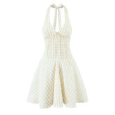 Sexy Backless Halter Mini Plaid Dress Women Deep V Lacing Up Bandage Back A-line Holiday Summer Dresses Short Robe voguable