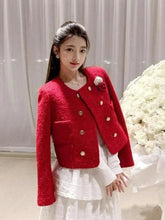 3D Floral Red Tweed Jacket Women Sweet Slim O Neck Vintage Short Coat Korean Casual Fall Winter Long Sleeve Elegant Tops voguable