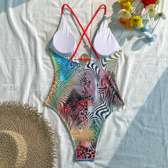 Voguable Women Backless Sportswear Multicolor Gradient Zebra Print Halter One Piece Swimsuit with Shell Detail for Summer Beach Vacation voguable