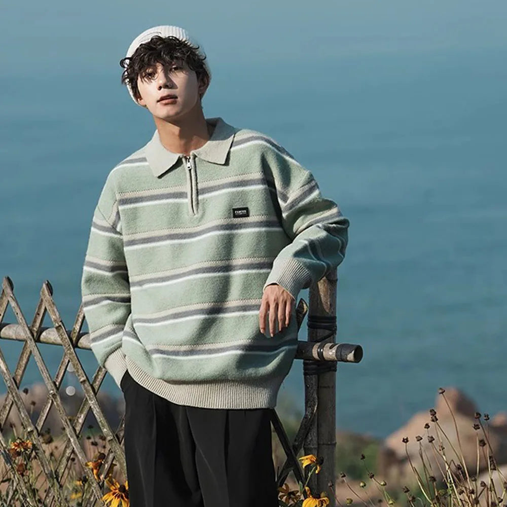 Voguable Japan Men's Y2K Knitted Warm Polo Knit Striped Turtleneck Sweater Shirts Winter Streetwear Knitwear Korean Clothes Jumper Men voguable