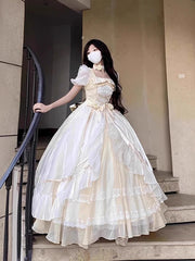 Voguable Dophee Original Lolita Flower Wedding Evening Dress Women Champagne Color Princess Dress Elegant Short Sleeve Bride's Dress voguable