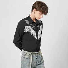 Men Shirt Embroidered Tassel Patchwork Lapel Long Sleeve Fashion Camisa Streetwear Button Casual Men Clothing S-5XL voguable