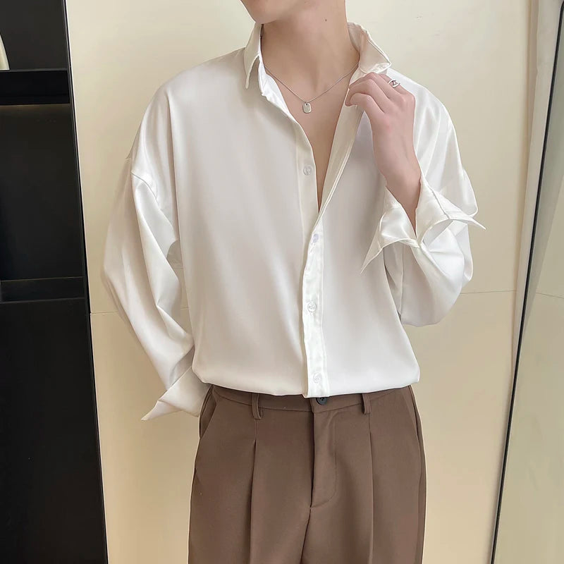 Voguable White Long Sleeved Shirt Men Oversized Fashion Social Men Dress Shirt Korean Loose Ice Silk Shirt Men Office Formal Shirts voguable