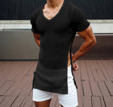 Men T Shirt Hollow Out Transparent V Neck Short Sleeve Male Tee Tops Solid Color Hollow Out Split Camisetas Streetwear voguable