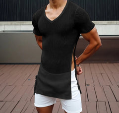 Men T Shirt Hollow Out Transparent V Neck Short Sleeve Male Tee Tops Solid Color Hollow Out Split Camisetas Streetwear voguable