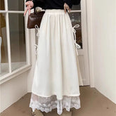 Voguable Corduroy Split Long Skirt Women Vintage Lace Patchwork Bandage Korean Skirts High Waist Solid A Line Loose Casual Elegant Skirt voguable