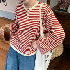 Voguable Vintage Women Striped Knit Sweater Button Crew Neck Long Sleeve Casual Pullover Woman Spring Autumn Loose Fit Casual Sweater Top voguable