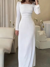 Voguable Fashion Square Collar Pleated Evening Dress White Slim High Waist Banquet Dress Temperament Women Long Sleeve Party Maxi Dresses voguable