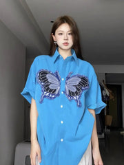 Unisex Hip Hop Shirt Large Size Three-dimensional Butterfly Design Half-sleeved Shirt Niche Casual Loose Versatile Shirt Jacket voguable