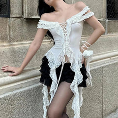 Fairy Coquette y2k Top Women Summer Lace Patchwork Off Shoulder Sleeveless Irregular Hem T Shirt 2000s Party Clubwear voguable