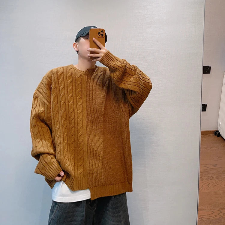 Voguable Knitted Sweater Men Japanese Y2K Oversize Casual Autumn Winter Irregular O-neck Pullovers for Man Old Money Streetwear voguable