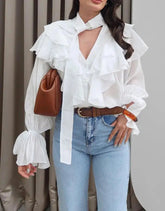 Voguable Women's Asymmetric Pleated V-neck Lace-Up Detail Casual Shirt Long-Sleeved Loose Top for Spring And Summer voguable