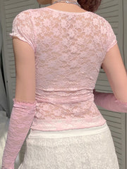 Voguable Bow Patchwork Lace Crop Top Y2K Aesthetic T-shirt Short Sleeve Kawaii Clothes Lolita Style Cute Pullovers Fairycore Tee voguable