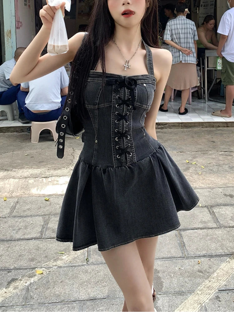 Voguable Aesthetic Vintage Loose Slash Neck Dress Women Summer Elegant Slim Sleeveless Dresses Female Sexy Y2k Lace Up Clothes Streetwear voguable