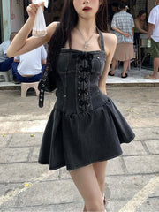 Voguable Aesthetic Vintage Loose Slash Neck Dress Women Summer Elegant Slim Sleeveless Dresses Female Sexy Y2k Lace Up Clothes Streetwear voguable