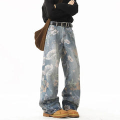 NEW JEANS American hip-hop men and women trendy retro floral print straight leg jeans couples loose wide leg casual pants
