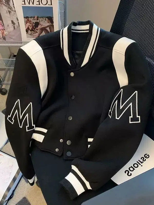 American Fashion High-end Baseball Uniform Embroidered Letters Black White Color-blocking Niche Fat Girl Cardigan Top Coat Chic voguable