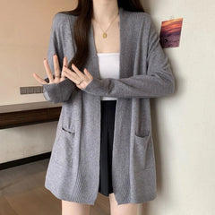 Knitted Women Cardigan Autumn Loose Long Sleeve V Neck Casual Sweater Coat Korean Solid Simple Basic Female All Match Cardigan voguable