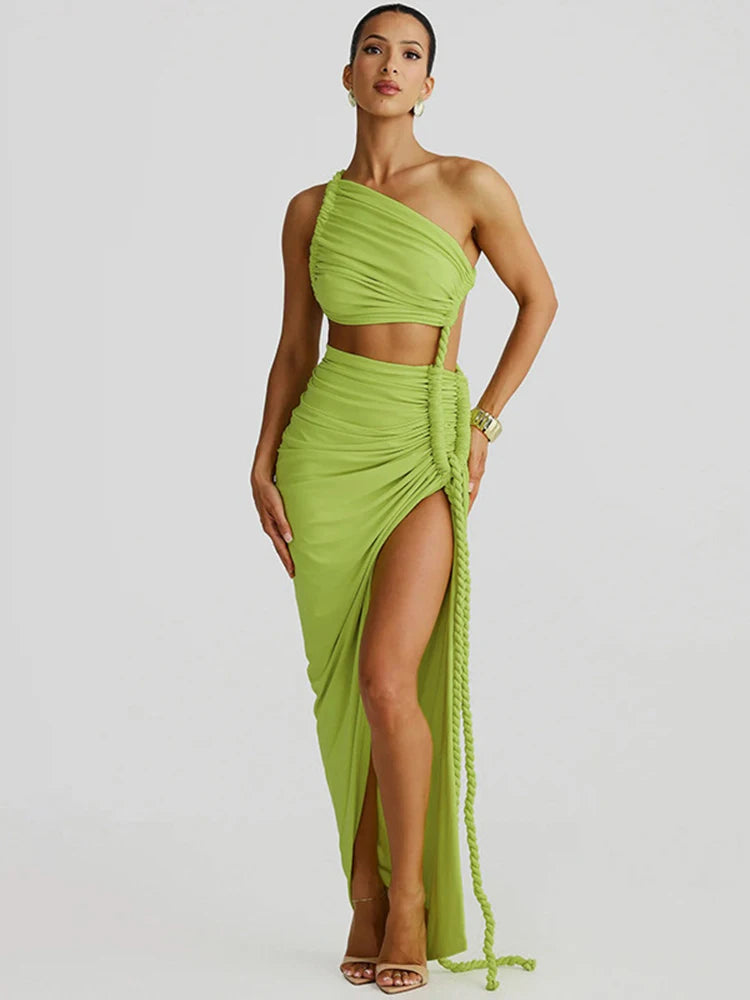 Off-shoulder Thigh High Split Sexy Maxi Dress For Women Fashion Strapless Sleeveless Ruched Bodycon Club Party Dress voguable