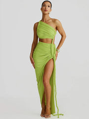 Off-shoulder Thigh High Split Sexy Maxi Dress For Women Fashion Strapless Sleeveless Ruched Bodycon Club Party Dress voguable