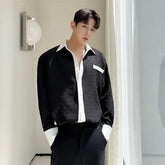Voguable Fashion Korean Shirt Long Sleeve Color Contrast Design Edge Men's Elegant Trendy 2024 Spring Casual Loose Tops New voguable