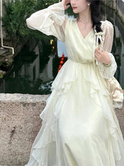 French Fairycon Ruffles Dresses For Women's 2025 New Summer Fashion V-Neck White Long Puff Sleeve Dress Holiday Beach Vestiods voguable