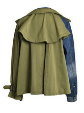 Army Green Denim Color-block Big Size Jacket Loose Fit New Lapel Long Sleeve Women Coat Fashion Spring Autumn voguable