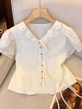 Cute 3D Floral Shirt Women V Neck Vintage Casual Sweet Blouse Korean Summer Short Sleeve Lace Up Retro Female Elegant Tops voguable