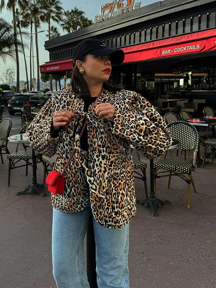 Leopard Print Lace Up Quilted Jacket Women Collarless Long Sleeves Patchwork Pocket Causal Coat Autumn Fashion Street Outerwear voguable
