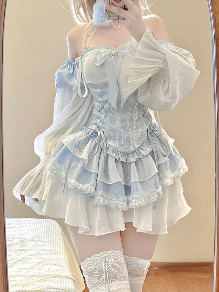 Voguable 2024 Summer Blue Lolita Clothing Suit Slim Vest + Kawaii Y2k Mini Dress Elegant Short Party Dress Japanese Style Fashion Suit voguable