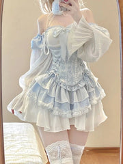 Voguable 2024 Summer Blue Lolita Clothing Suit Slim Vest + Kawaii Y2k Mini Dress Elegant Short Party Dress Japanese Style Fashion Suit voguable