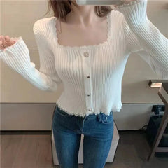 Square Neck Sweater for Women Autumn Lace Patchwork Long Sleeve Knit Base Pullover Korean Chic Button Decoration Slim Crop Tops voguable