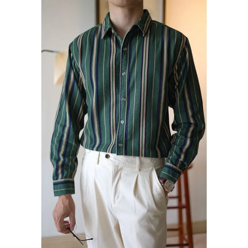 Voguable Men's Square Collar Patchwork Striped Shirts for Spring and Autumn Fashion England Long Sleeve Loose Cardigan Button Casual Tops voguable