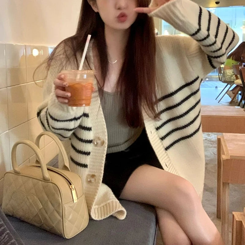 Women Cardigan Sweater Striped V-neck Button-up Sweater Jacket Comfy Cozy Slouchy Cardi Autumn Winter Casual Outfit voguable