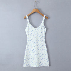 Sexy Women Sweet Floral Print Slim Knit Dresses Sleeveless V Neck Mini Summer Dress Beautiful Girl Holiday Robe