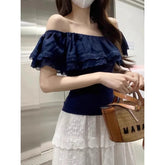 Voguable Women's Navy Blue Off-Shoulder Blouse Ruffled Lace Trim Slim Fit Short Sleeve Casual Elegant Daily Fashion Top voguable