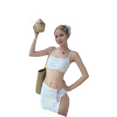 New 3 Pieces Set Floral Swimsuit Women Ribbed Swimwear Sexy Bandeau Bikini with Sarong Skirts Beach Wear Bathing Suit Korean