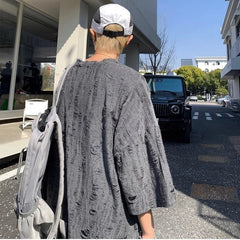 Harajuku T-Shirts Men Ripped Design Chic Korean Style High Street Half Sleeve Summer Fashion Solid Hip Hop Tees All-match Unisex voguable