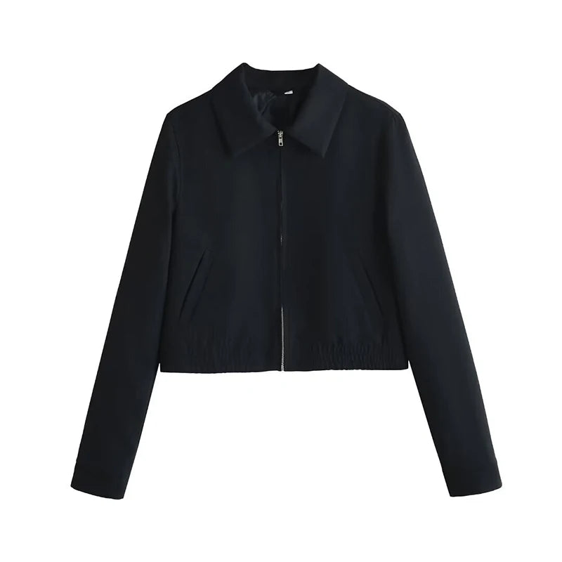 Autumn Women Navy Blue Short Lapel Collar Jacket Coat Long Sleeve With Zipper High Street Outerwear Chic Lady Outfits