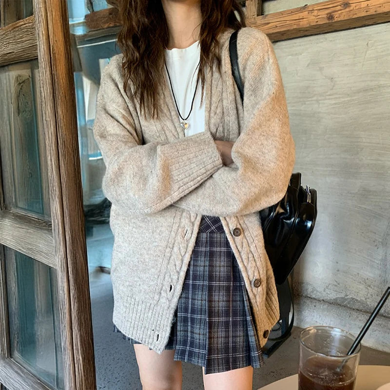 Slouchy Knit Cardigan Sweater for Women Comfy Cable-knit Button Up Sweater Jacket Female Autumn Winter Vintage Outfit voguable