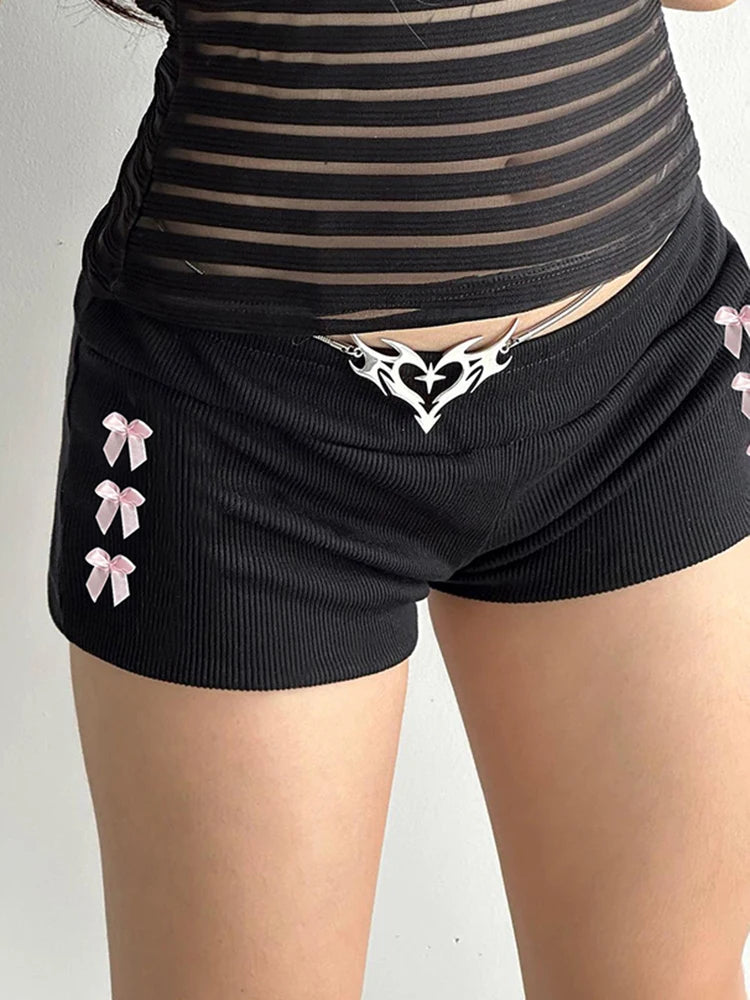 Voguable Kawaii Bow Patchwork Mini Shorts Low Rise Bottoms Korean Knit Skinny Panties Women Y2K Aesthetic Short Pant coquette voguable