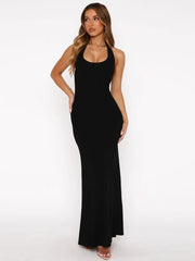 Halter Backless Sexy Maxi Dress Women Gown Summer New Solid U Neck Sleeveless High Waist Long Dress Elegant voguable
