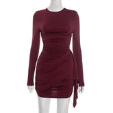 Voguable New Half-Turtleneck Women Winter Dresses Long Sleeve Shoulder Pads Ribbons Ruched Mini Autumn Dress Casual Bodycon Vestidos voguable