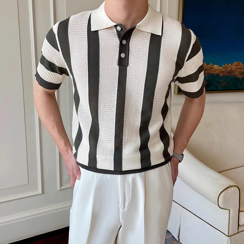 Men's Clothing Urban Fashion Striped Knit Polo Shirt Casual Business Slim Short Sleeve T-shirt Chic Hollow Out Breathable Tops voguable