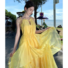 Voguable Boho Yellow Tie Strap Maxi Dress for Women Ruffled Neck Keyhole High Low Hem Flowy Chiffon Dresses Summer Commute Beach Vacation voguable