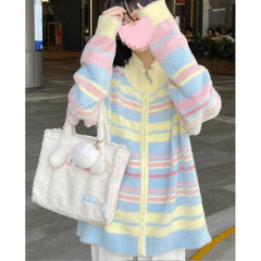 Striped Knit Splice Zipper Stand-UP Collar Sweater Autumn Winter Oversized Pullover Knitwear Women Soft Sweet Simple Cardigan voguable
