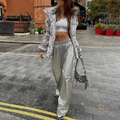 Fashionable Windproof Women's Pants Autumn Silver Elastic Waist Loose Straight Leg Slimming Y2K Wide Leg Pants voguable