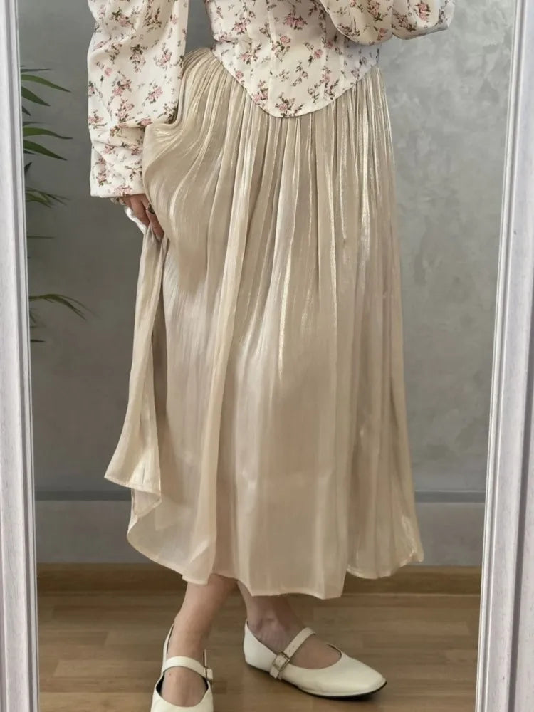 French Elegant Solid Silky Shiny Long Skirt Fashion Elastic Waist Satin Pleat Women Dress Spring Korean Chic A-line Ladies Skirt voguable